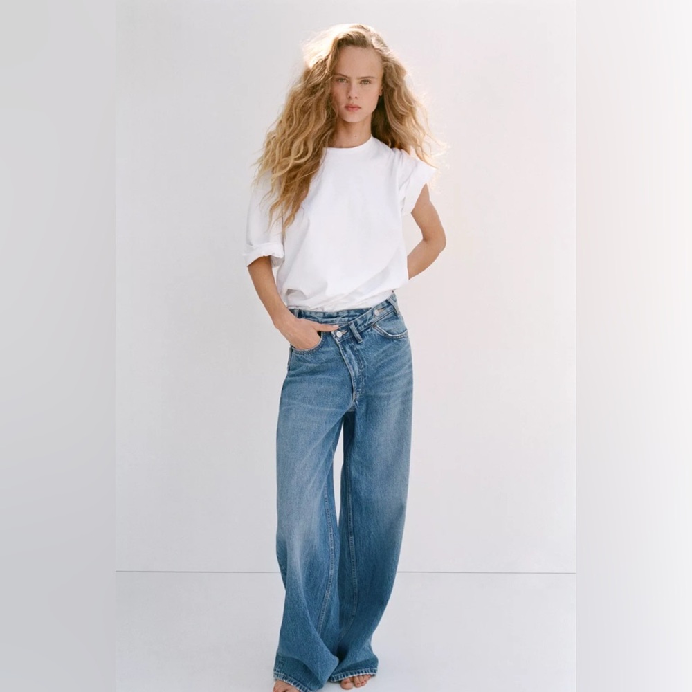 Zara High Waist Wide Leg Crossover Waist Jeans Sz 10